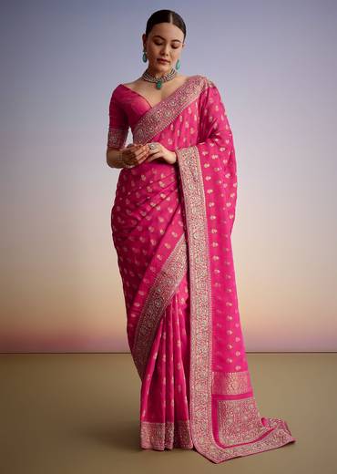 Hot Pink Silk Saree With Heavy Embroidered Border And Pallu