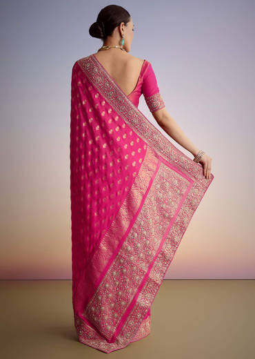 Hot Pink Silk Saree With Heavy Embroidered Border And Pallu