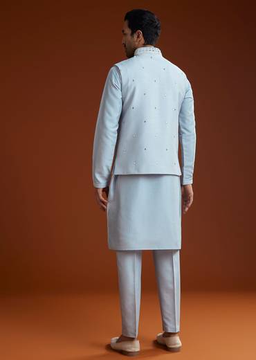 Ice Blue Cotton Silk Kurta Jacket Set With Vine Motif Threadwork