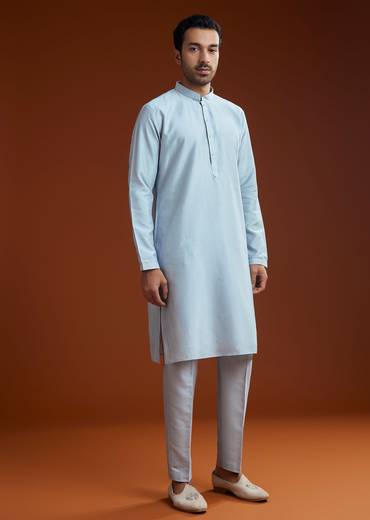 Ice Blue Cotton Silk Kurta Jacket Set With Vine Motif Threadwork