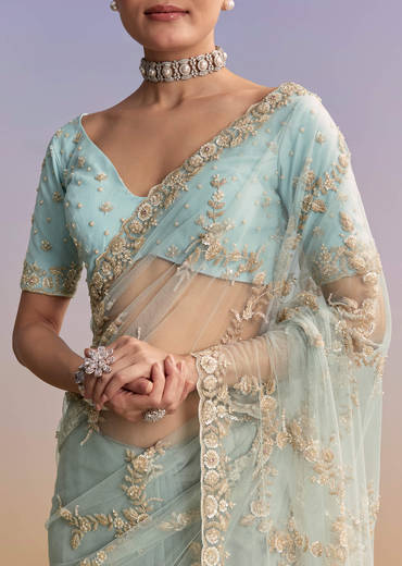 Ice Blue Net Embroidered Saree With Cutdana And Bead Work