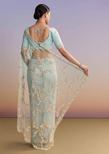 Ice Blue Net Embroidered Saree With Cutdana And Bead Work