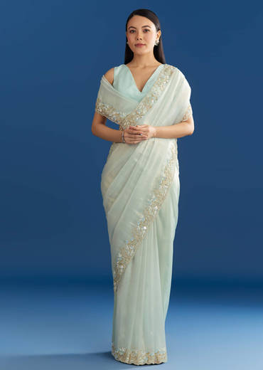 Ice Blue Organza Tissue Saree With Beaded Scallop Border