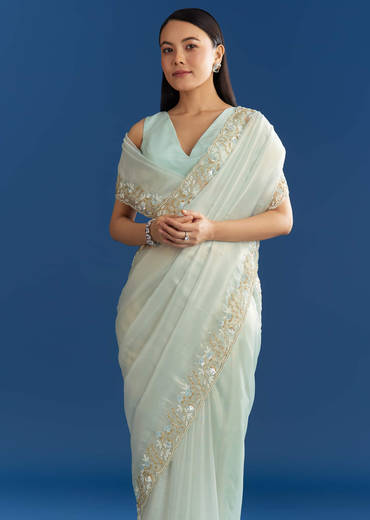 Ice Blue Organza Tissue Saree With Beaded Scallop Border
