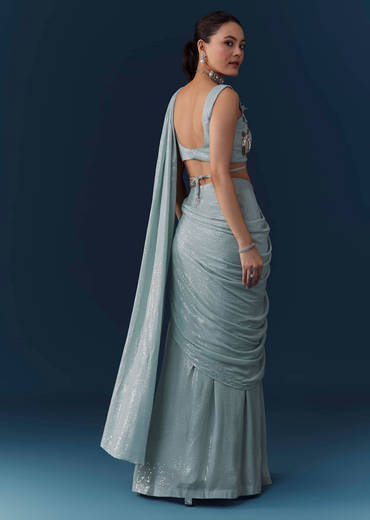 Ice Blue Pre Pleated Saree with Sequin Embellished Blouse