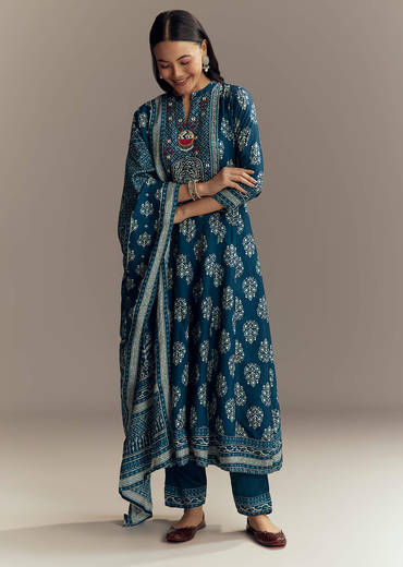 Indigo Blue Muslin Printed Anarkali Suit