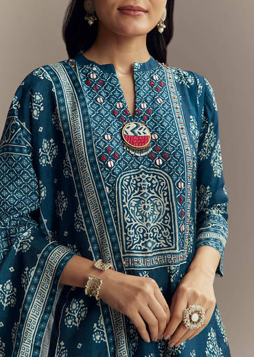Indigo Blue Muslin Printed Anarkali Suit