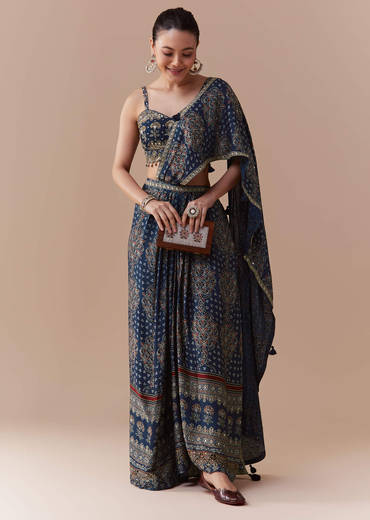 Indigo Ready Pleated Ajrakh Print Saree with Blouse