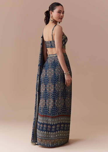 Indigo Ready Pleated Ajrakh Print Saree with Blouse
