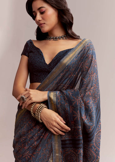 Ink Blue Linen Printed Saree With Hand Block Ajrakh Leaf Print