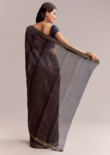 Ink Blue Linen Printed Saree With Hand Block Ajrakh Leaf Print