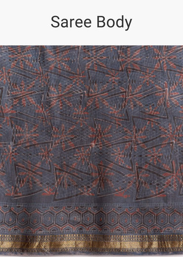 Ink Blue Linen Printed Saree With Hand Block Ajrakh Leaf Print