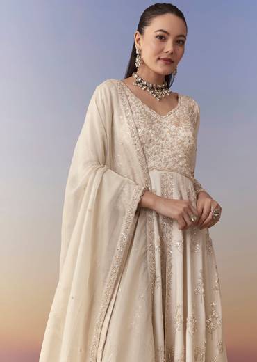Ivory Anarkali Set with Cutdana Work