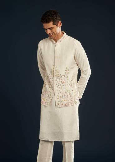 Ivory Banarasi Silk Jacket Kurta Set With Zardozi Work