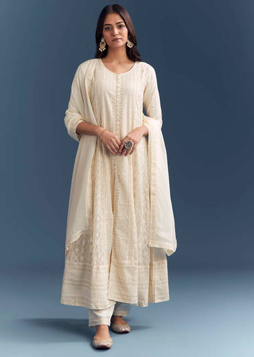 Ivory Chanderi Anarkali Suit With Thread And Sequins Embroidery