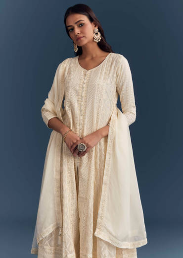 Ivory Chanderi Anarkali Suit With Thread And Sequins Embroidery