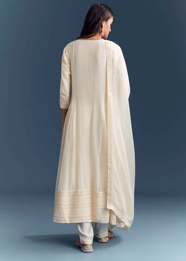 Ivory Chanderi Anarkali Suit With Thread And Sequins Embroidery