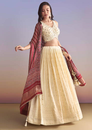 Ivory Georgette Bridesmaid Lehenga With Lucknowi Chikankari And Mirror Work