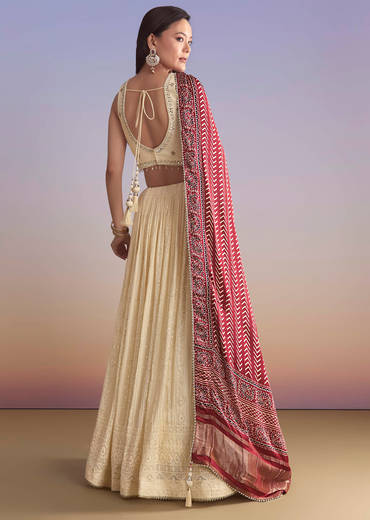 Ivory Georgette Bridesmaid Lehenga With Lucknowi Chikankari And Mirror Work