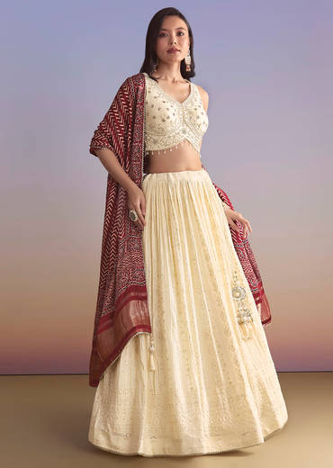 Ivory Georgette Bridesmaid Lehenga With Lucknowi Chikankari And Mirror Work