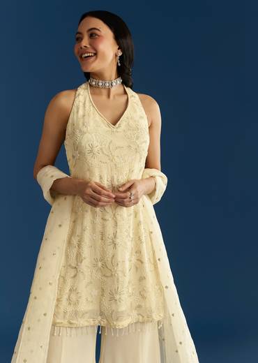 Ivory Georgette Kurta Palazzo Set With Dupatta