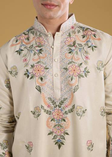 Ivory Mens Kurta Set With Resham Detail