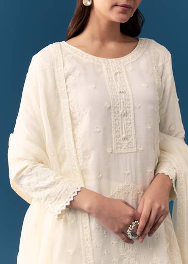 Ivory Organza Sharara Set With Resham And Moti Work