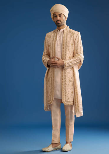 Ivory Raw Silk Sherwani Set With Mixed Hand Work And Organza Satin Accents