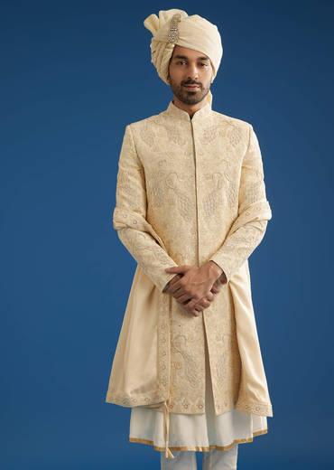 Ivory Silk Groom Sherwani Set With Dori And Zardosi Embroidery