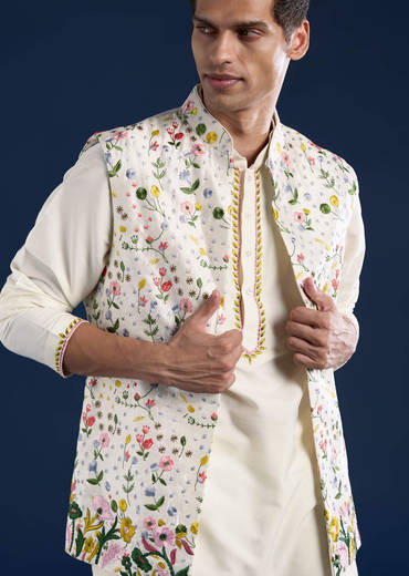 Ivory Silk Jacket Kurta Set with Resham Work