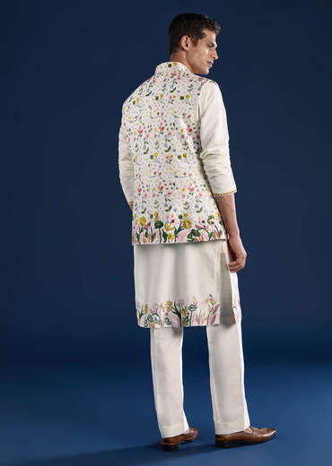 Ivory Silk Jacket Kurta Set with Resham Work