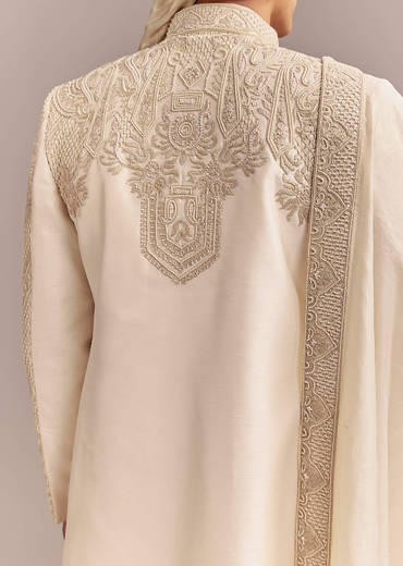 Ivory Silk Sherwani For Groom With Geometric And Floral Embroidery