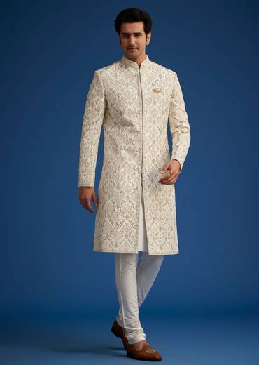 Ivory Silk Sherwani With Resham Zari And Zardosi Work