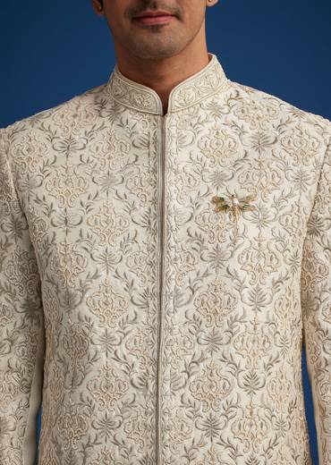 Ivory Silk Sherwani With Resham Zari And Zardosi Work