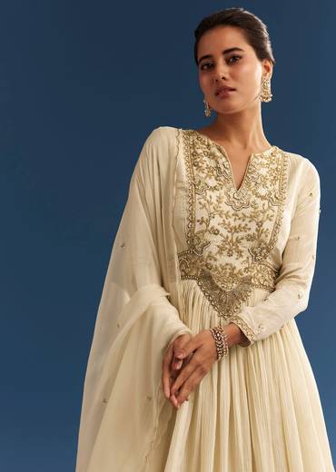 Ivory Tissue Anarkali Set With Tie-Up Back And Organza Dupatta