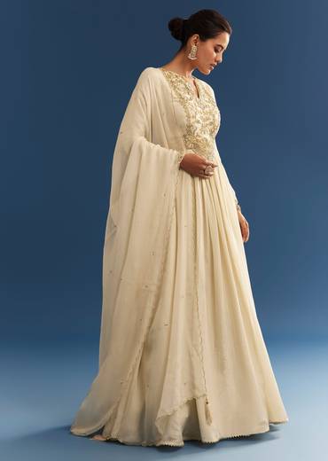 Ivory Tissue Anarkali Set With Tie-Up Back And Organza Dupatta