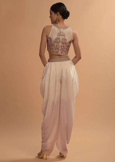Ivory Tulip Dhoti And Crop Top Set With Embossed Floral Embroidery And High Neckline