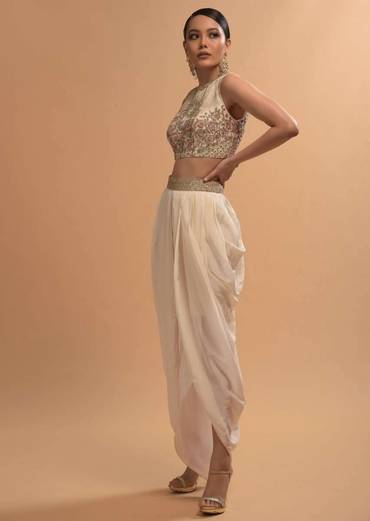 Ivory Tulip Dhoti And Crop Top Set With Embossed Floral Embroidery And High Neckline