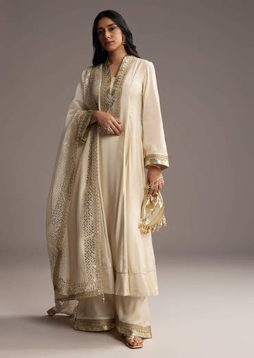 Ivory White Cotton Silk Anarkali Suit With Gotta Work