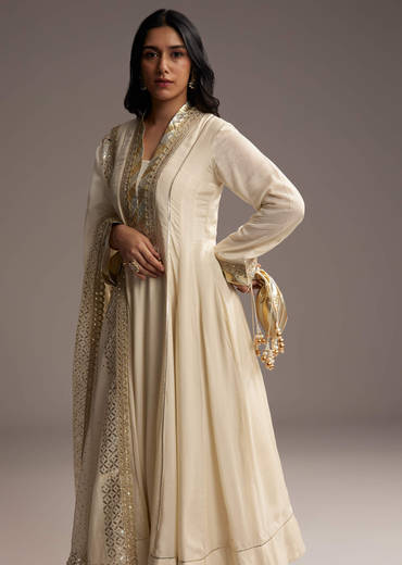 Ivory White Cotton Silk Anarkali Suit With Gotta Work