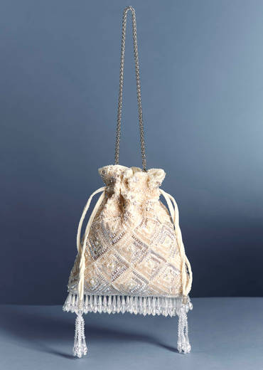 Ivory Crystal Fringe Potli