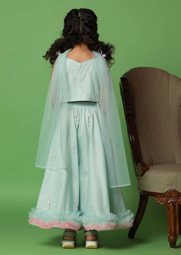 Kalki Mint Blue Embroidered Blouse And Lehenga Set In Net For Girls