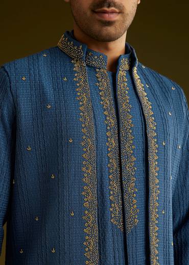 Knit Kurta Jacket Set With Moti Work In Navy Blue