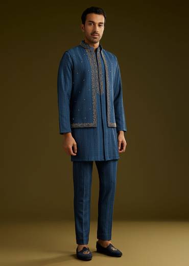 Knit Kurta Jacket Set With Moti Work In Navy Blue