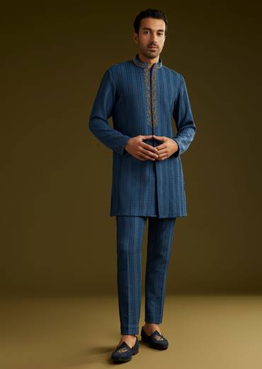 Knit Kurta Jacket Set With Moti Work In Navy Blue