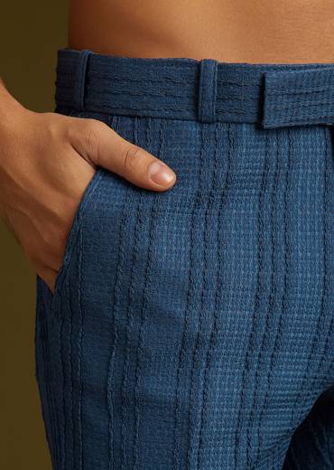 Knit Kurta Jacket Set With Moti Work In Navy Blue