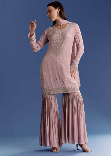 Lavender Chinon Kurta Set With Moti And Cutdana Dupatta