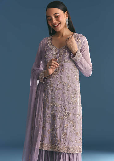 Lavender Chinon Kurta Sharara With Cutdana Dupatta