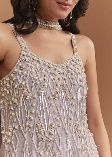 Lavender Chinon Sharara Suit With Beads And Moti Work