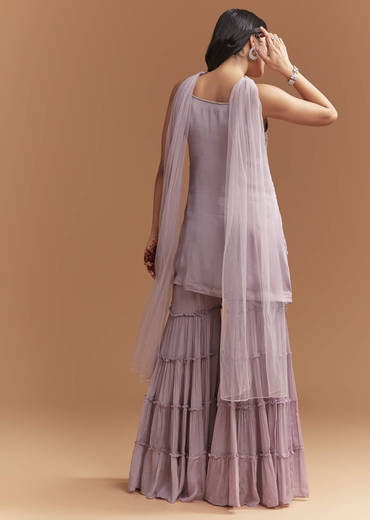 Lavender Chinon Sharara Suit With Cutdana And Sequins Work